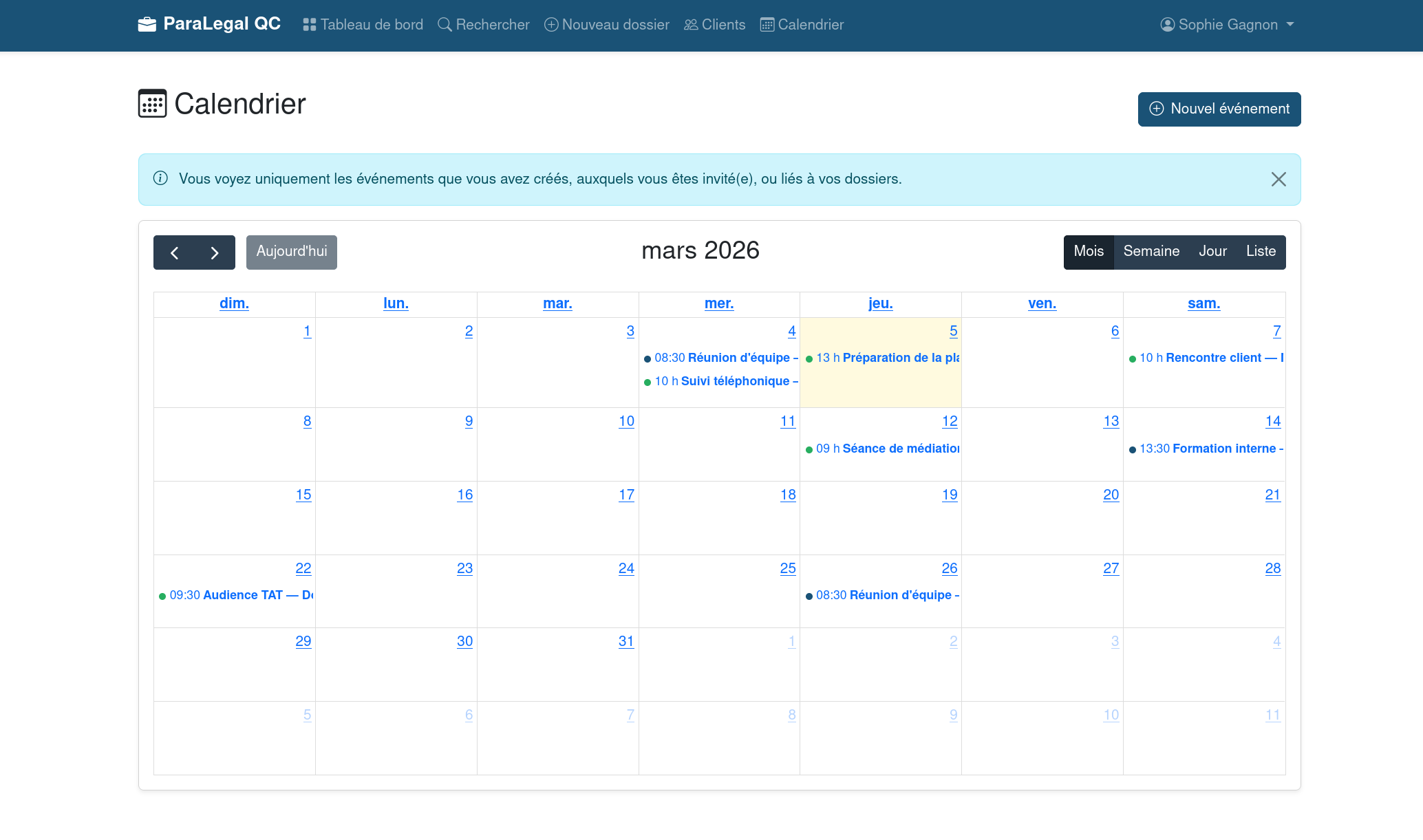 Capture d'écran — Calendrier et planification